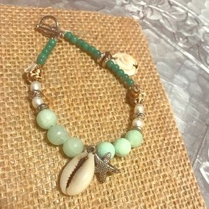 Aquamarine Cowrie Starfish 7” bracelet